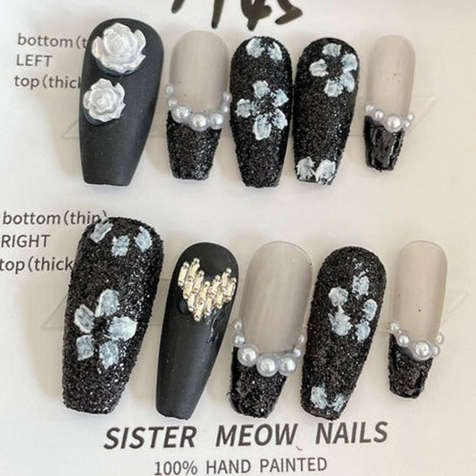 Designer: MeowMeow.Handmade Nail Designs Press on Nails DIY  Nail Art for woman girl Long Coffin black