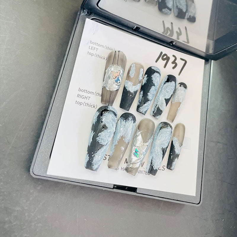 Designer: MeowMeow.Handmade Nail Designs Press on Nails DIY  Nail Art for woman girl Long Coffin brown