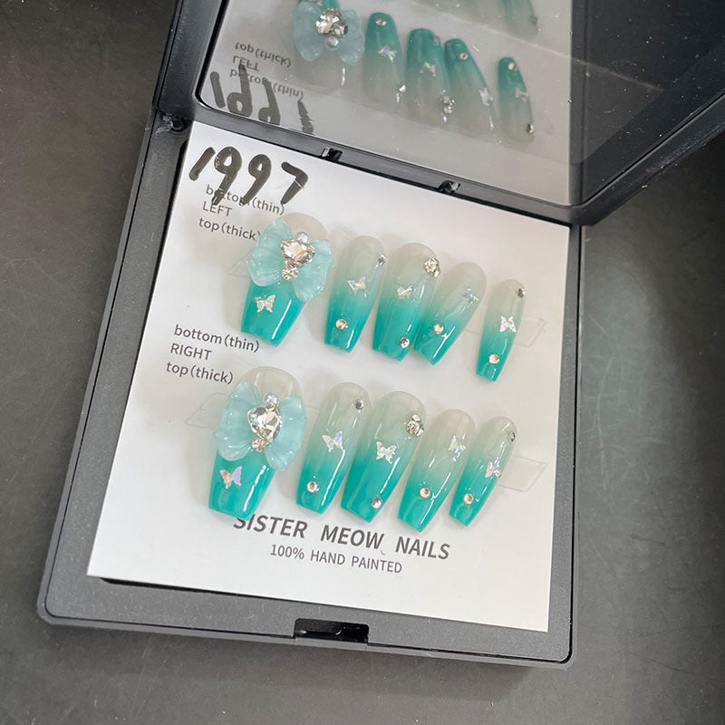Designer: MeowMeow.Handmade Nail Designs Press on Nails DIY  Nail Art for woman girl Long Coffin blue green