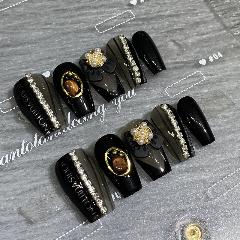 Designer: HuaHua.Handmade nails Press on Nails DIY Nail Art for woman girl Long Coffin black