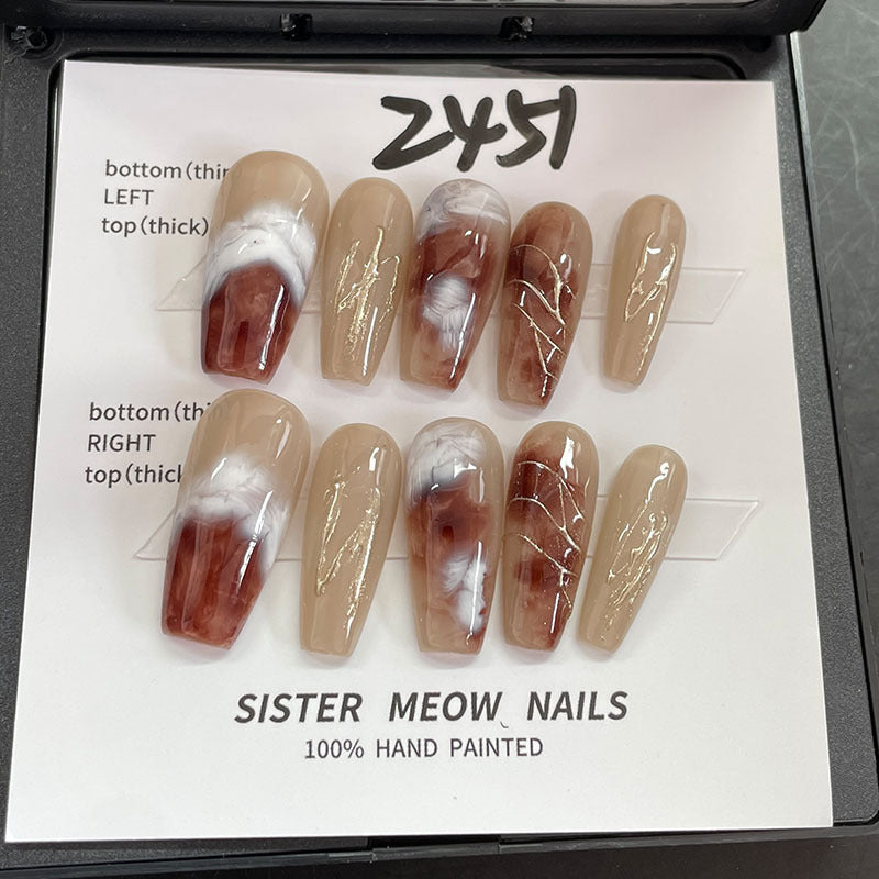 Designer: MeowMeow.Handmade Nail Designs Press on Nails DIY  Nail Art for woman girl Long Coffin brown