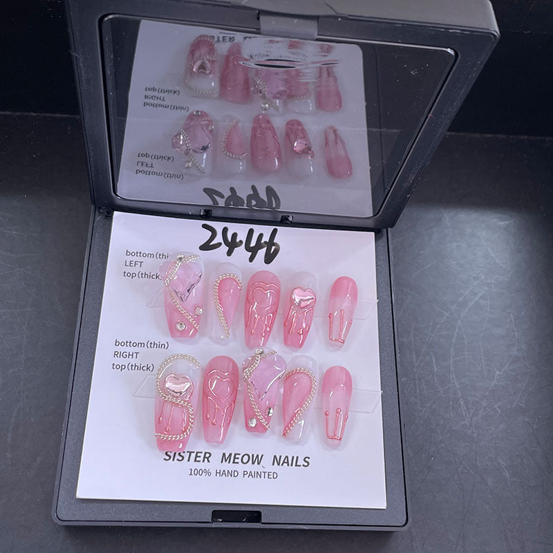 Designer: MeowMeow.Handmade Nail Designs Press on Nails DIY  Nail Art for woman girl  Long Coffin pink