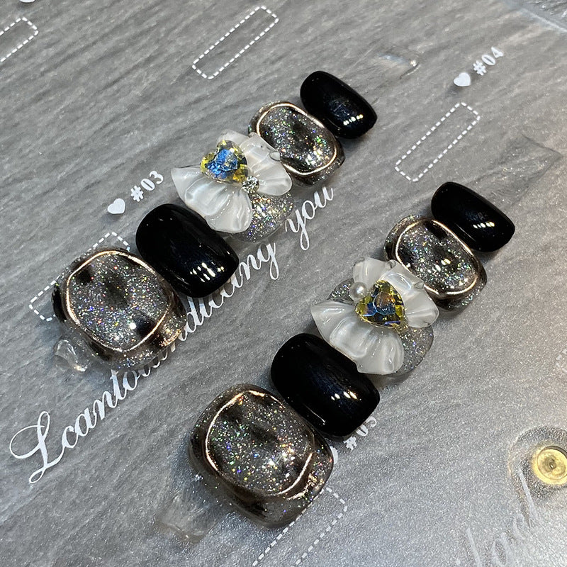 Designer: HuaHua.Handmade nails Press on Nails DIY Nail Art for woman girl Short Square black