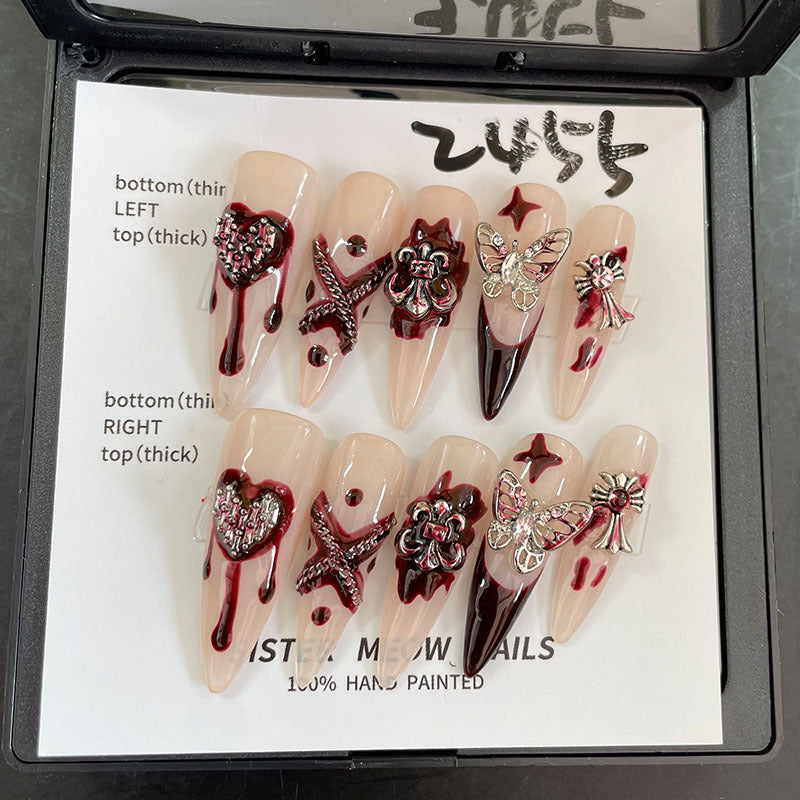 Designer: MeowMeow.Handmade Nail Designs Press on Nails DIY  Nail Art for woman girl Almond Long red
