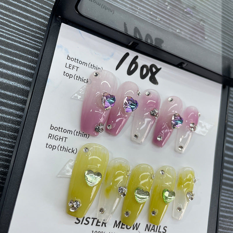 Designer: MeowMeow.Handmade Nail Designs Press on Nails DIY  Nail Art for woman girl Long Coffin pink yellow rhinestone
