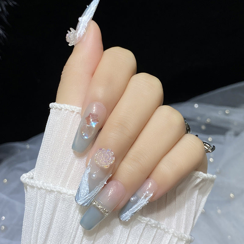 Designer: HuaHua.Handmade nails Press on Nails DIY Nail Art for woman girl Long Coffin pink blue