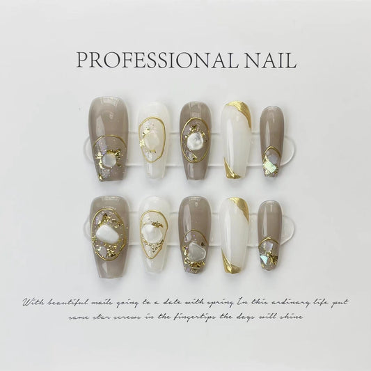 Designer: ManMan Handmade nails Press on Nails DIY Nail Art for woman girl Long Coffin gray