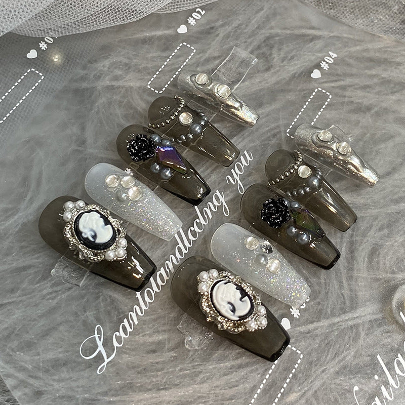 Designer: HuaHua.Handmade nails Press on Nails DIY Nail Art for woman girl Long Coffin gray