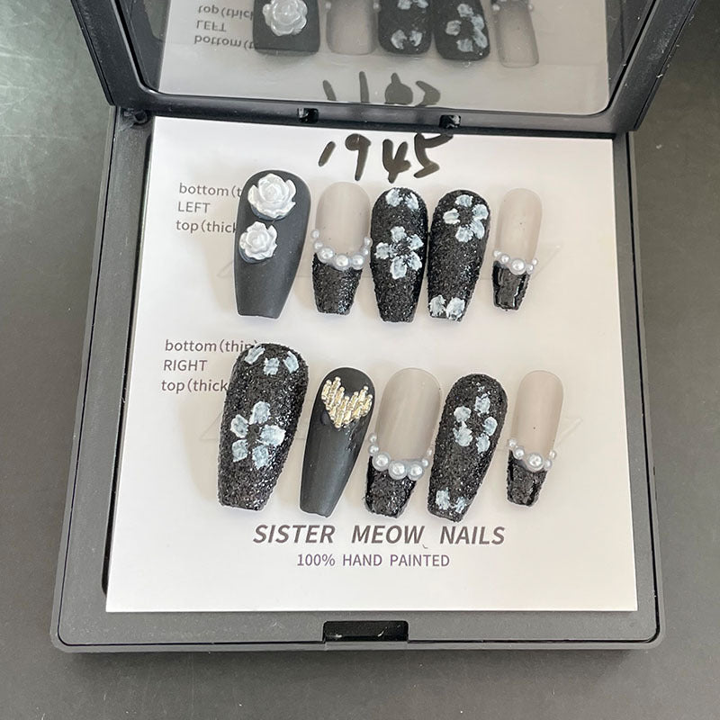 Designer: MeowMeow.Handmade Nail Designs Press on Nails DIY  Nail Art for woman girl Long Coffin black