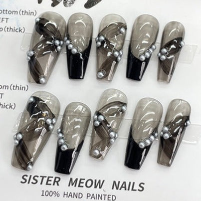 Designer: MeowMeow.Handmade Nail Designs Press on Nails DIY  Nail Art for woman girl Long Coffin black