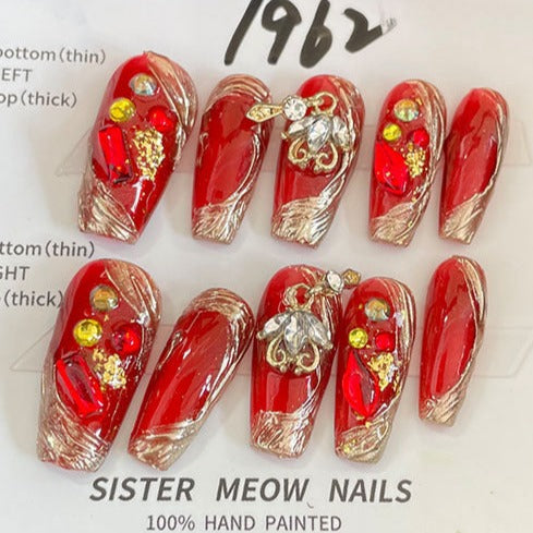 Designer: MeowMeow.Handmade Nail Designs Press on Nails DIY  Nail Art for woman girl Long Coffin red