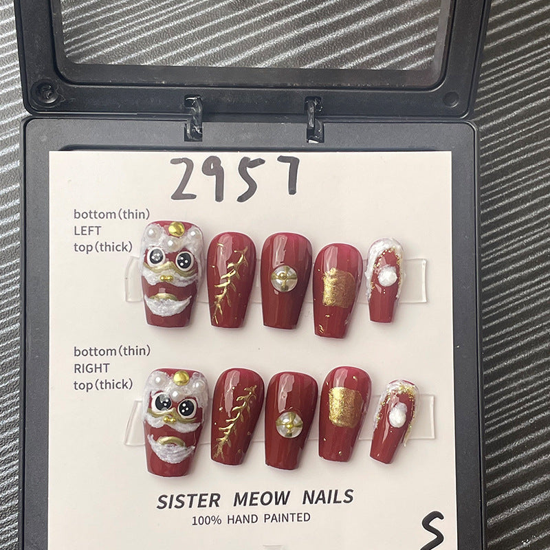Designer: MeowMeow.Handmade Nail Designs Press on Nails DIY  Nail Art for woman girl Long Coffin red
