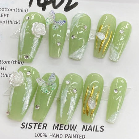 Designer: MeowMeow.Handmade Nail Designs Press on Nails DIY  Nail Art for woman girl Long Coffin green