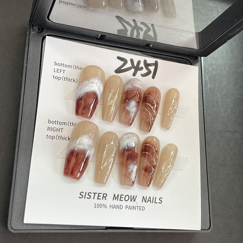 Designer: MeowMeow.Handmade Nail Designs Press on Nails DIY  Nail Art for woman girl Long Coffin brown