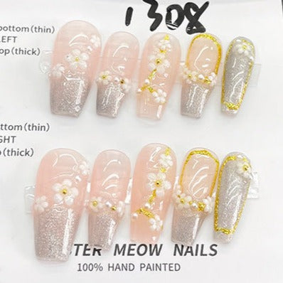 Designer: MeowMeow.Handmade Nail Designs Press on Nails DIY  Nail Art for woman girl Long Coffin pink