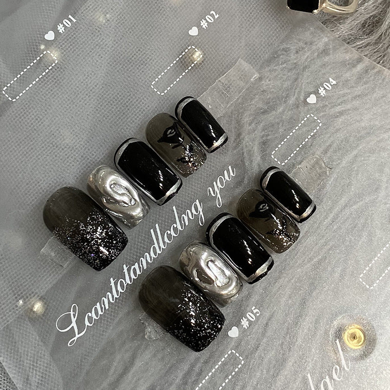 Designer: HuaHua.Handmade nails Press on Nails DIY Nail Art for woman girl Long Square black