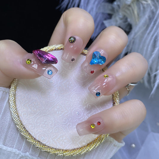 Designer: HuaHua.Handmade nails Press on Nails DIY Nail Art for woman girl Long Coffin pink rhinestone