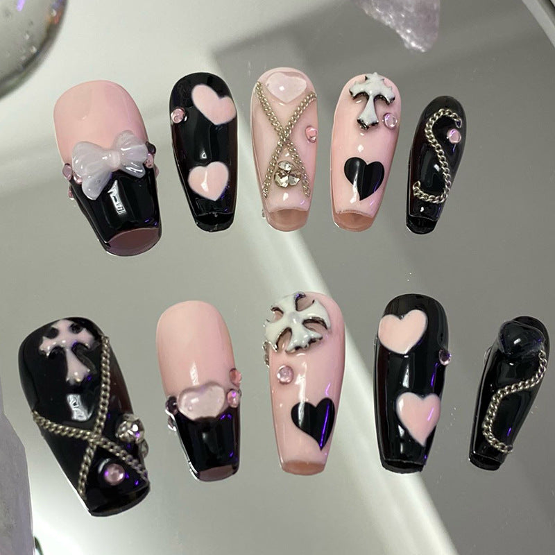 Designer: MeowMeow.Handmade Nail Designs Press on Nails DIY  Nail Art for woman girl Long Coffin pink black