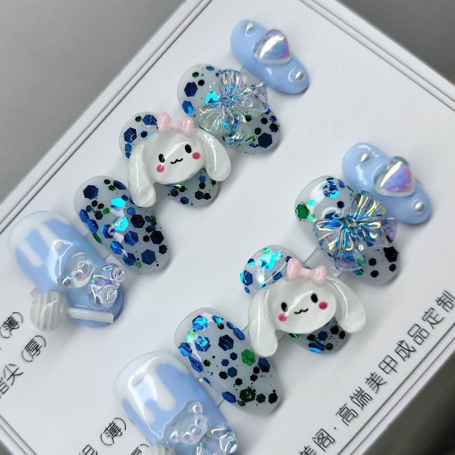 Designer: MeowMeow.Handmade Nail Designs Press on Nails DIY  Nail Art for woman girl Almond Long Cartoon blue