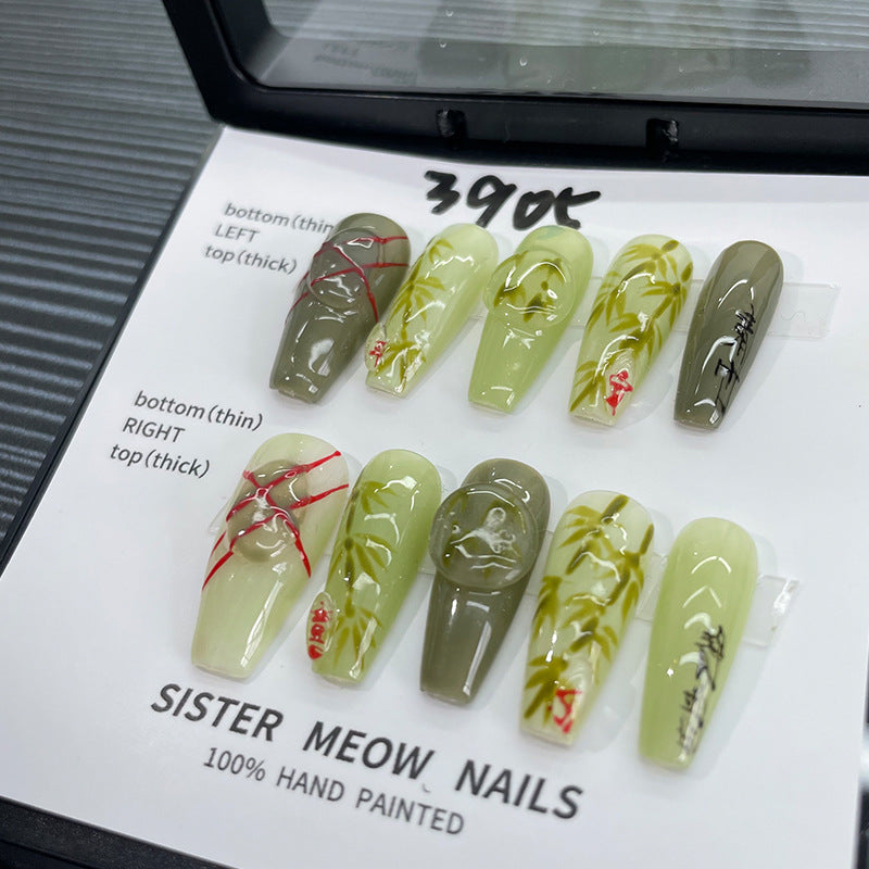 Designer: MeowMeow.Handmade Nail Designs Press on Nails DIY  Nail Art for woman girl Long Coffin green