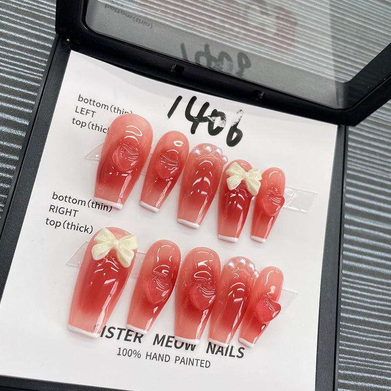 Designer: MeowMeow.Handmade Nail Designs Press on Nails DIY  Nail Art for woman girl Long Coffin pink red