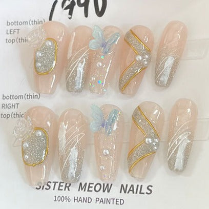 Designer: MeowMeow.Handmade Nail Designs Press on Nails DIY  Nail Art for woman girl Long Coffin pink