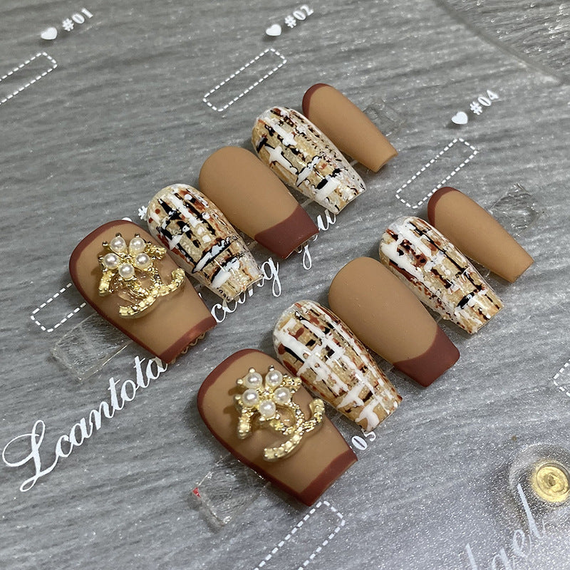 Designer: HuaHua.Handmade nails Press on Nails DIY Nail Art for woman girl Long Coffin brown