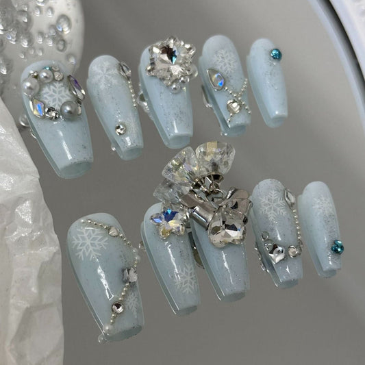 Designer: MaoMao.2966 Handmade Nail Designs Press on Nails DIY  Nail Art for woman girl Long Coffin blue rhinestone