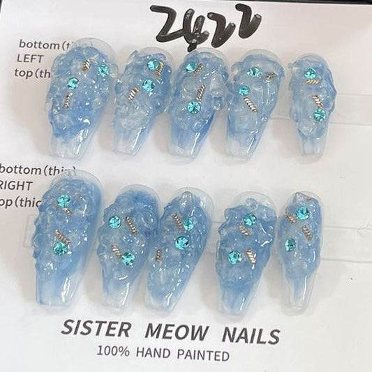 Designer: MeowMeow.Handmade Nail Designs Press on Nails DIY  Nail Art for woman girl Long Coffin blue