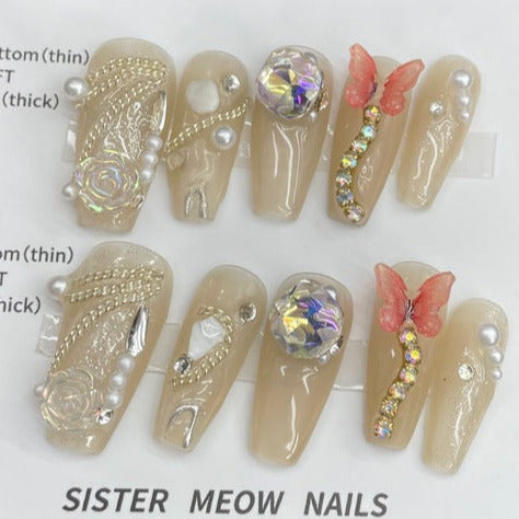 Designer: MeowMeow.Handmade Nail Designs Press on Nails DIY  Nail Art for woman girl Long Coffin brown