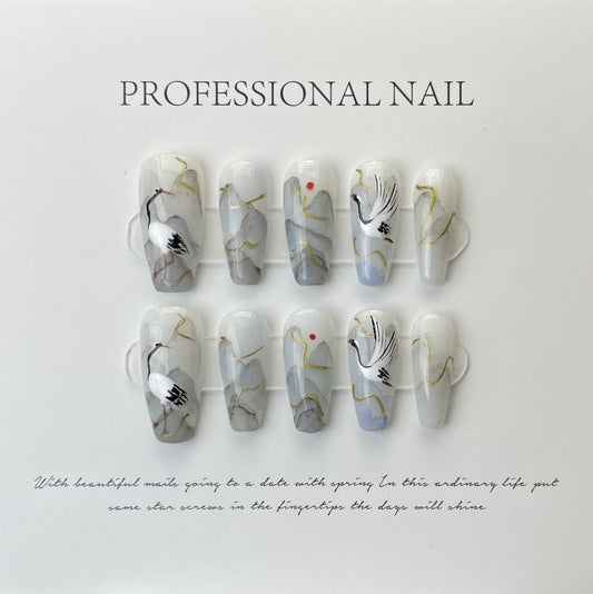 Designer: ManMan Handmade nails Press on Nails DIY Nail Art for woman girl Long Coffin gray