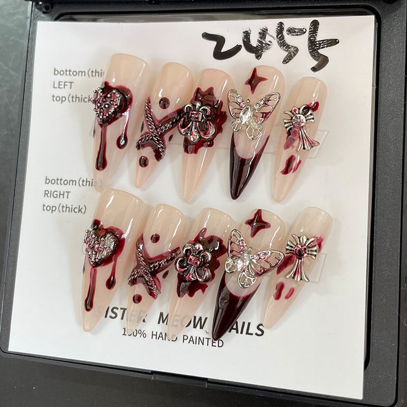 Designer: MeowMeow.Handmade Nail Designs Press on Nails DIY  Nail Art for woman girl Almond Long red