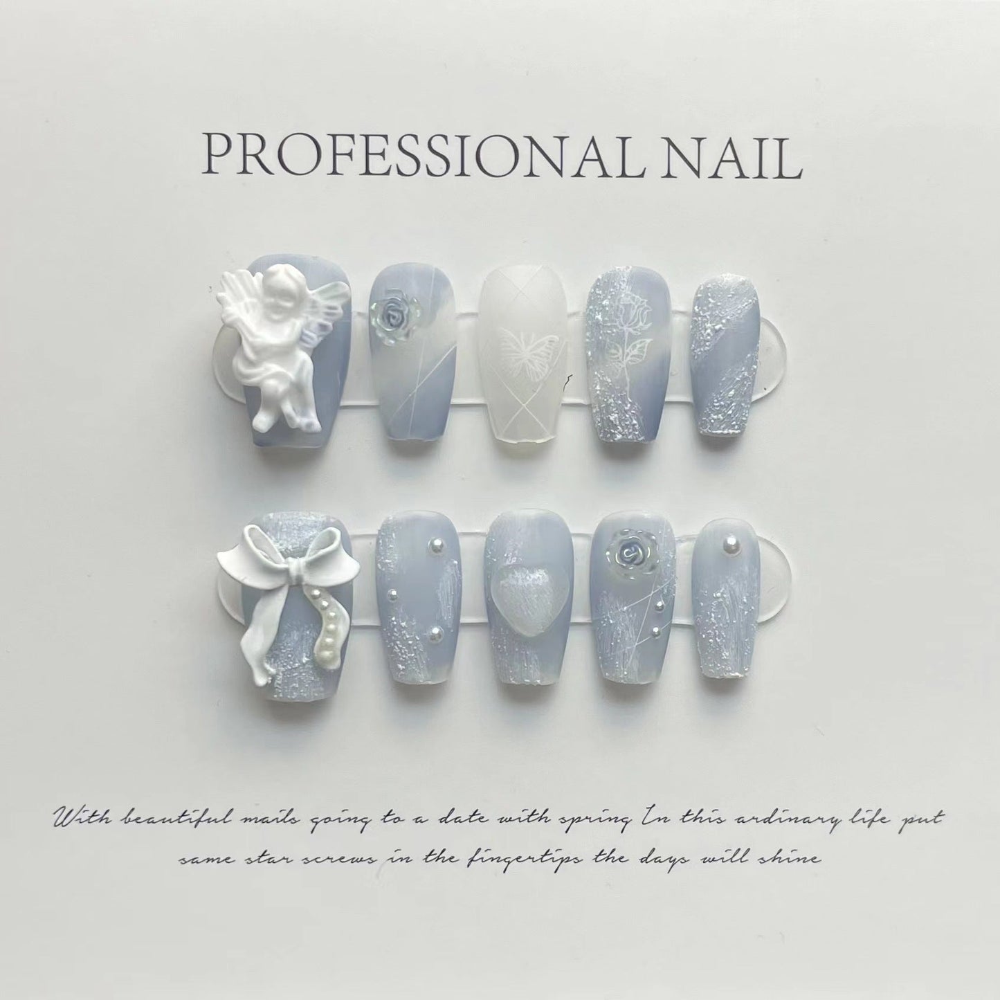 Designer: ManMan Handmade nails Press on Nails DIY Nail Art for woman girl Long Coffin blue