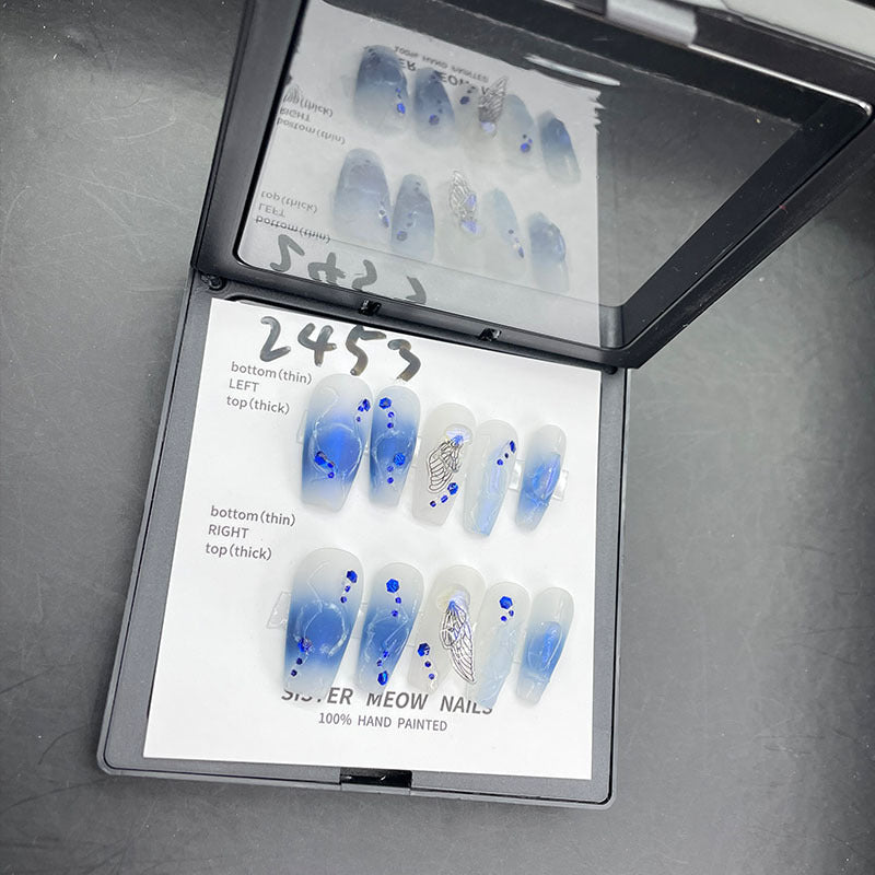 Designer: MeowMeow.Handmade Nail Designs Press on Nails DIY  Nail Art for woman girl Long Coffin blue