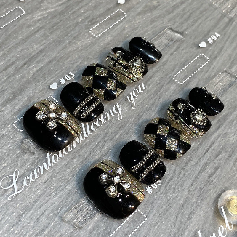 Designer: HuaHua.Handmade nails Press on Nails DIY Nail Art for woman girl Short Square black