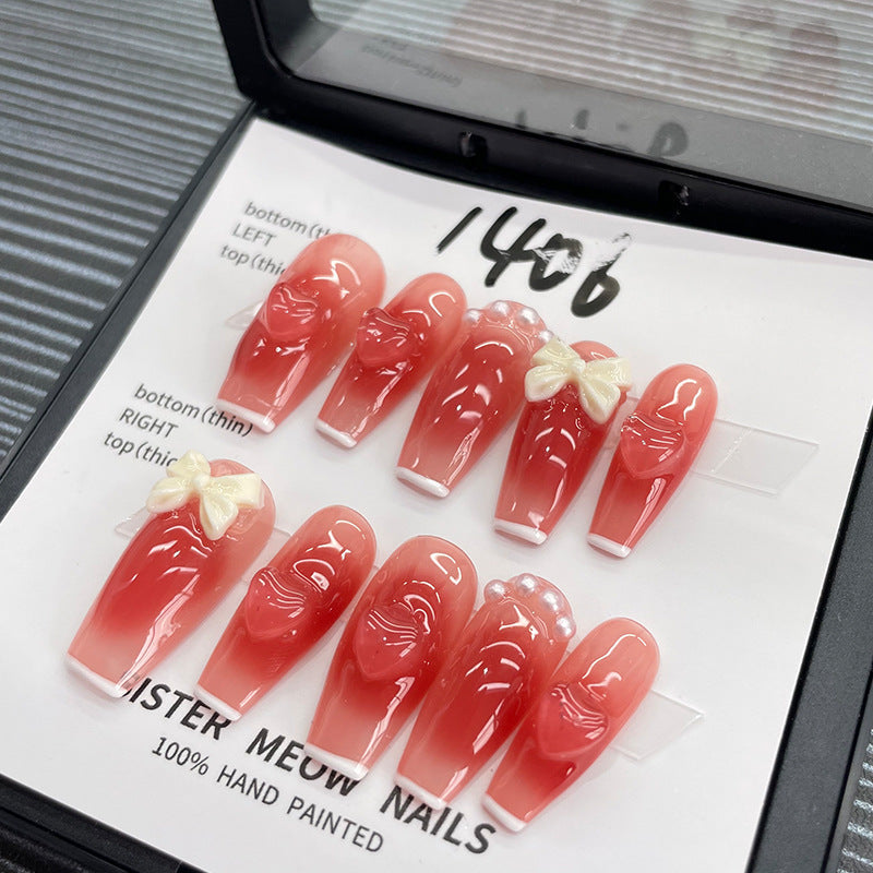 Designer: MeowMeow.Handmade Nail Designs Press on Nails DIY  Nail Art for woman girl Long Coffin pink red
