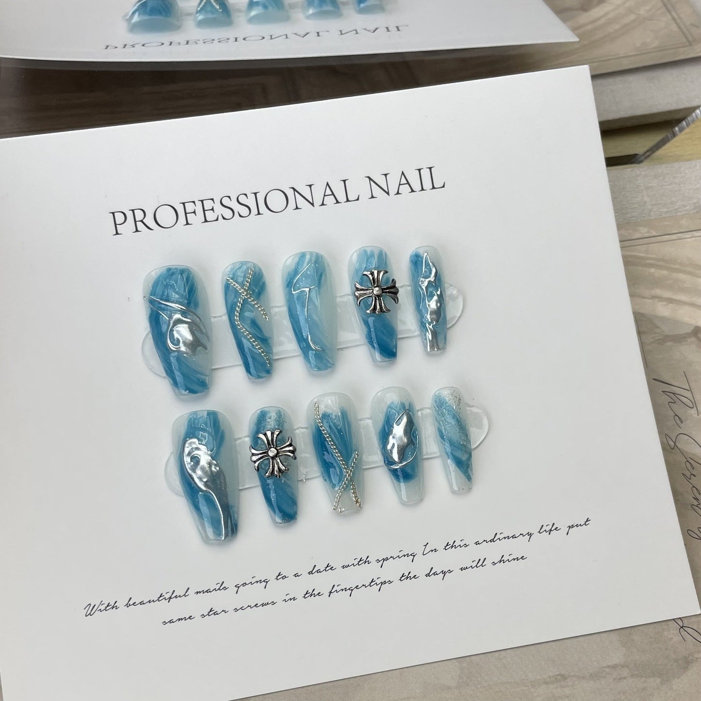 Designer: ManMan Handmade nails Press on Nails DIY Nail Art for woman girl Long Coffin blue
