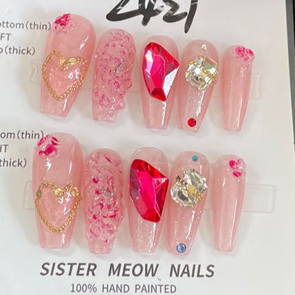 Designer: MeowMeow.Handmade Nail Designs Press on Nails DIY  Nail Art for woman girl Long Coffin pink rhinestone