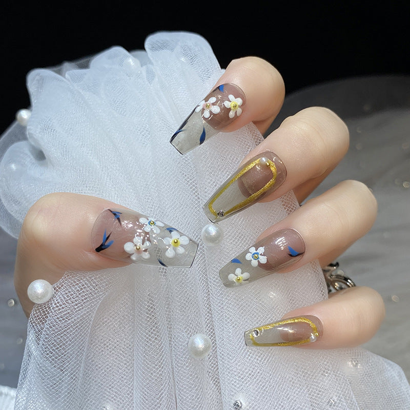 Designer: HuaHua.Handmade nails Press on Nails DIY Nail Art for woman girl Long Coffin pink gray