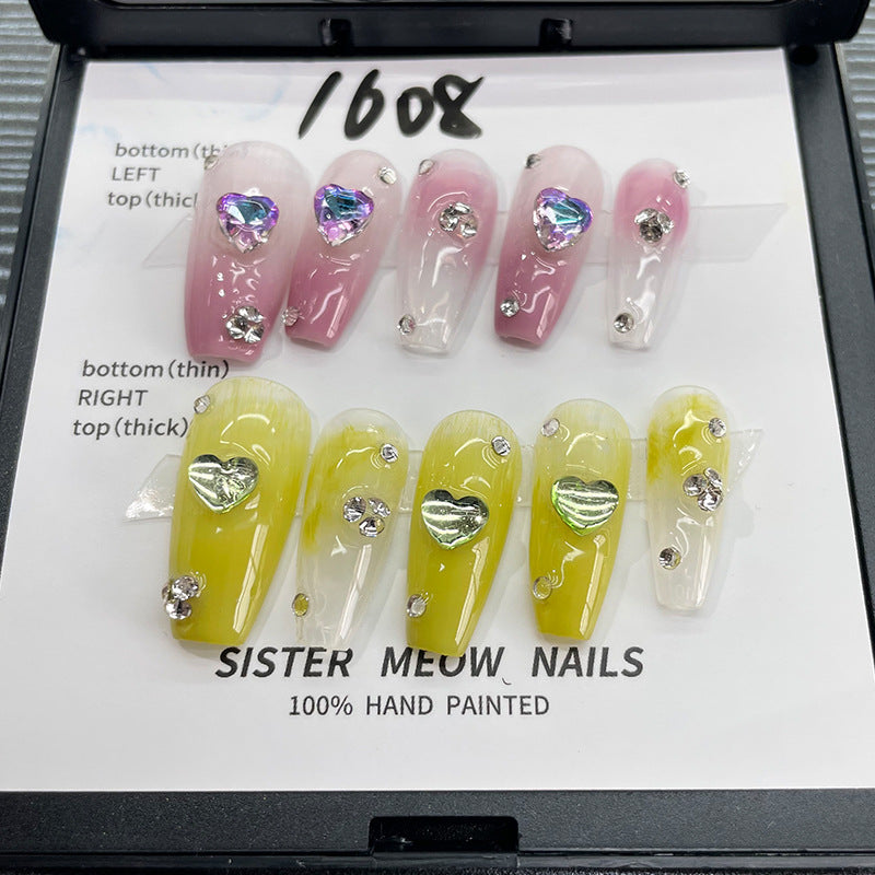 Designer: MeowMeow.Handmade Nail Designs Press on Nails DIY  Nail Art for woman girl Long Coffin pink yellow rhinestone