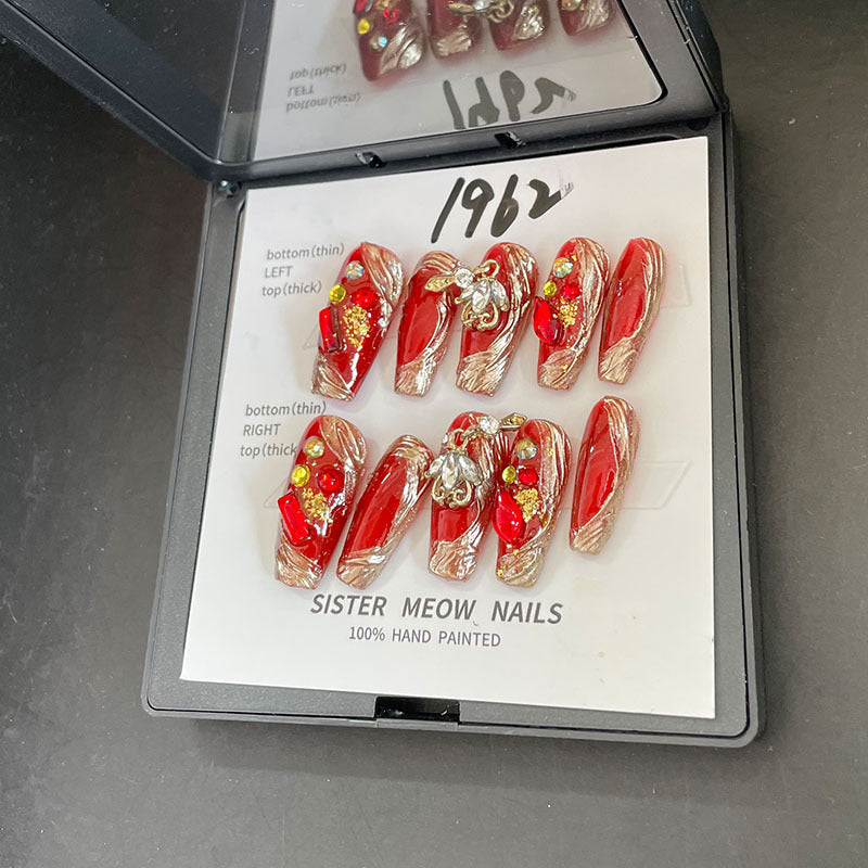 Designer: MeowMeow.Handmade Nail Designs Press on Nails DIY  Nail Art for woman girl Long Coffin red
