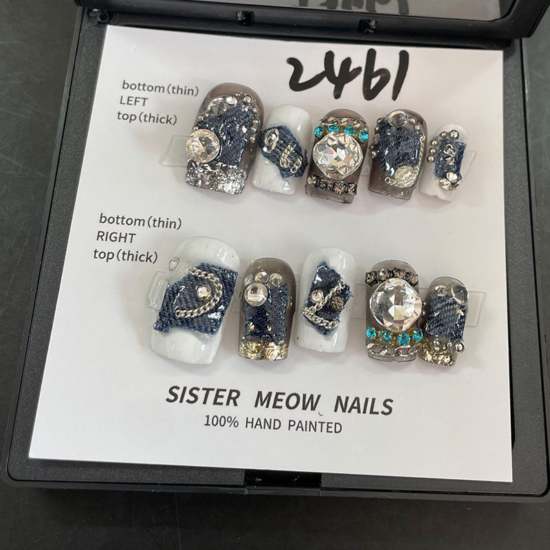 Designer: MeowMeow.Handmade Nail Designs Press on Nails DIY  Nail Art for woman girl Long Square black