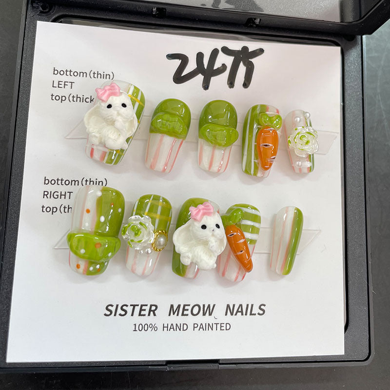 Designer: MeowMeow.Handmade Nail Designs Press on Nails DIY  Nail Art for woman girl Long Coffin green Cartoon