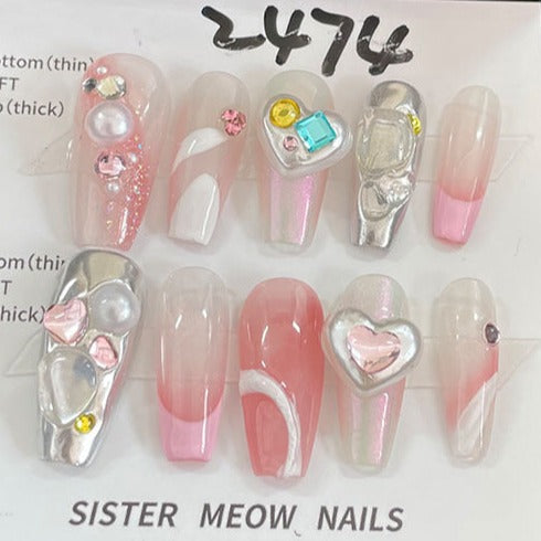 Designer: MeowMeow.Handmade Nail Designs Press on Nails DIY  Nail Art for woman girl Long Coffin pink