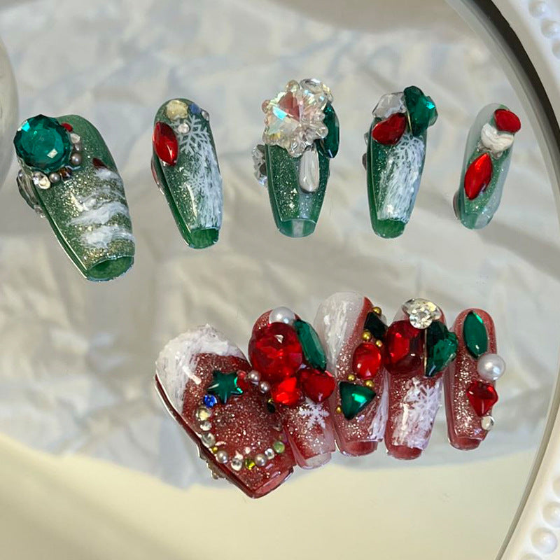 Designer: MeowMeow.Handmade Nail Designs Press on Nails DIY  Nail Art for woman girl Long Coffin red green