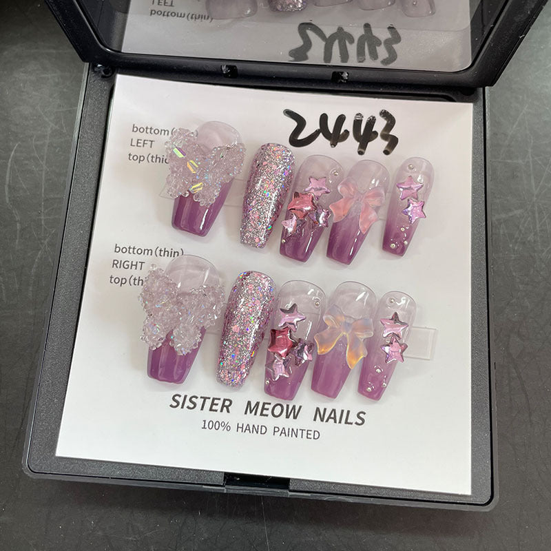 Designer: MeowMeow.Handmade Nail Designs Press on Nails DIY  Nail Art for woman girl Long Coffin purple