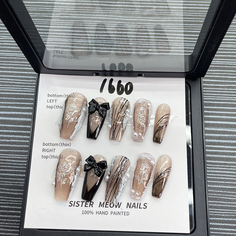 Designer: MeowMeow.Handmade Nail Designs Press on Nails DIY  Nail Art for woman girl Long Coffin brown