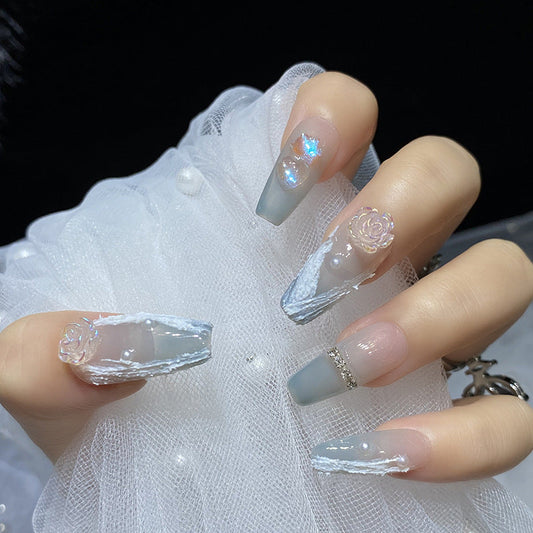 Designer: HuaHua.Handmade nails Press on Nails DIY Nail Art for woman girl Long Coffin pink blue