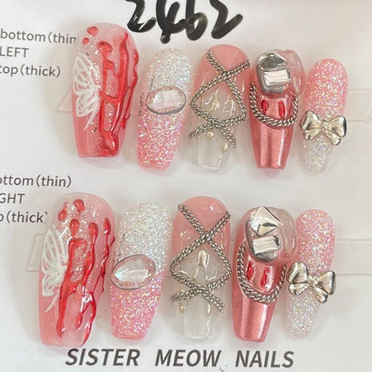 Designer: MeowMeow.Handmade Nail Designs Press on Nails DIY  Nail Art for woman girl Long Coffin pink
