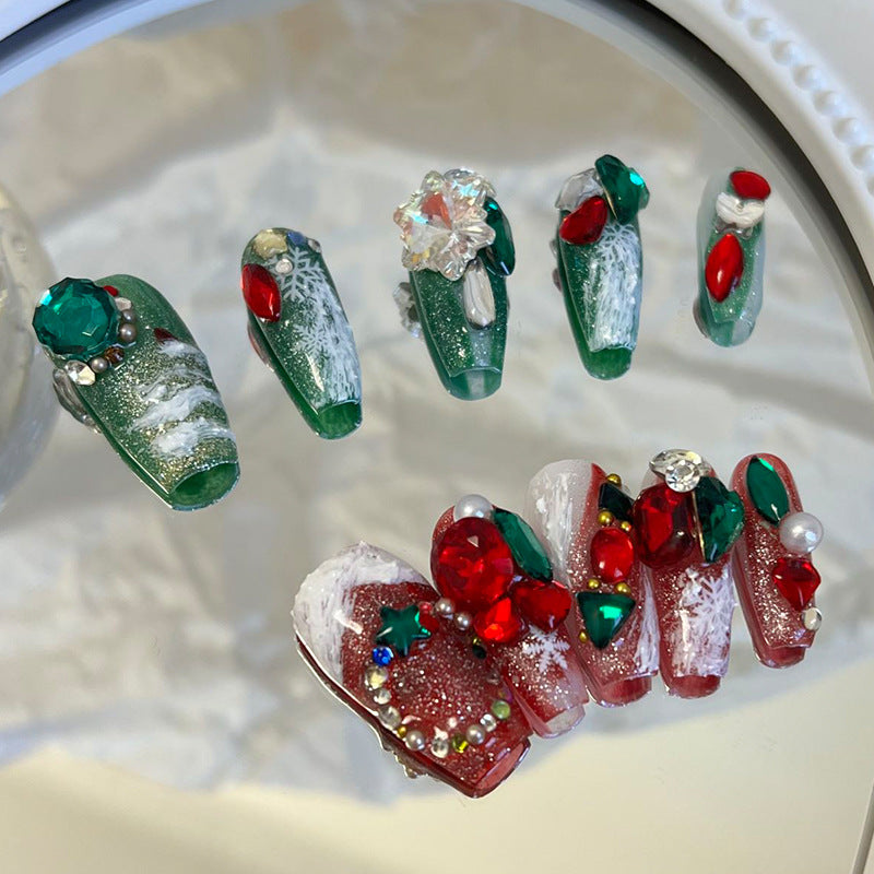 Designer: MeowMeow.Handmade Nail Designs Press on Nails DIY  Nail Art for woman girl Long Coffin red green